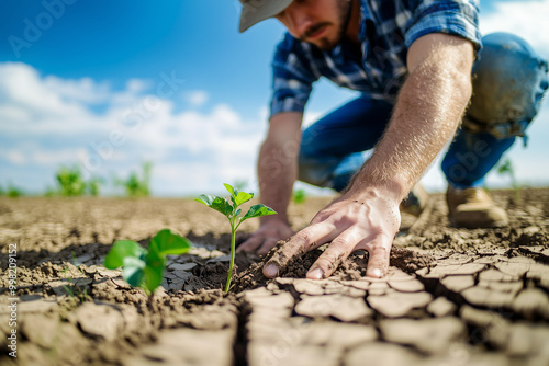 farmer working in a drought-stricken field. A little plant is growing through the dry terrain.