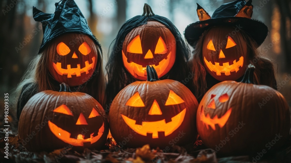 Halloween Celebrations with Witches and Pumpkins in an Autumn Forest Setting Halloween Celebrations with Witches and Pumpkins in an Autumn Forest Setting