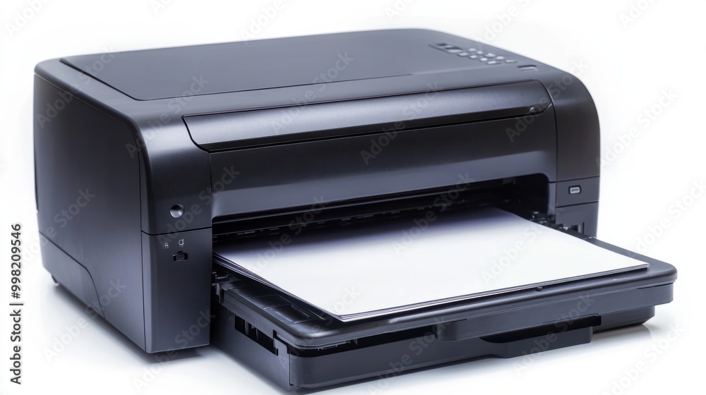 A desktop printer with an open paper tray, isolated on a white background A desktop printer with an open paper tray, isolated on a white background