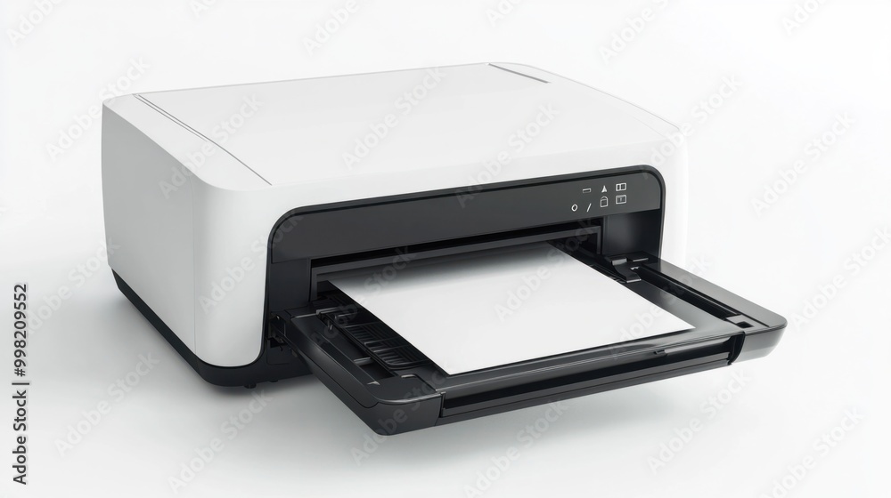 A desktop printer with an open paper tray, isolated on a white background A desktop printer with an open paper tray, isolated on a white background