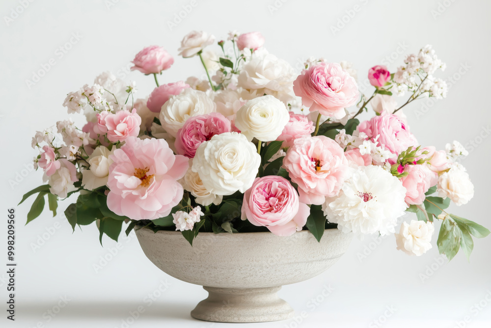 Beautiful bouquet of pink and white roses in a round ceramic vase on a light background Beautiful bouquet of pink and white roses in a round ceramic vase on a light background