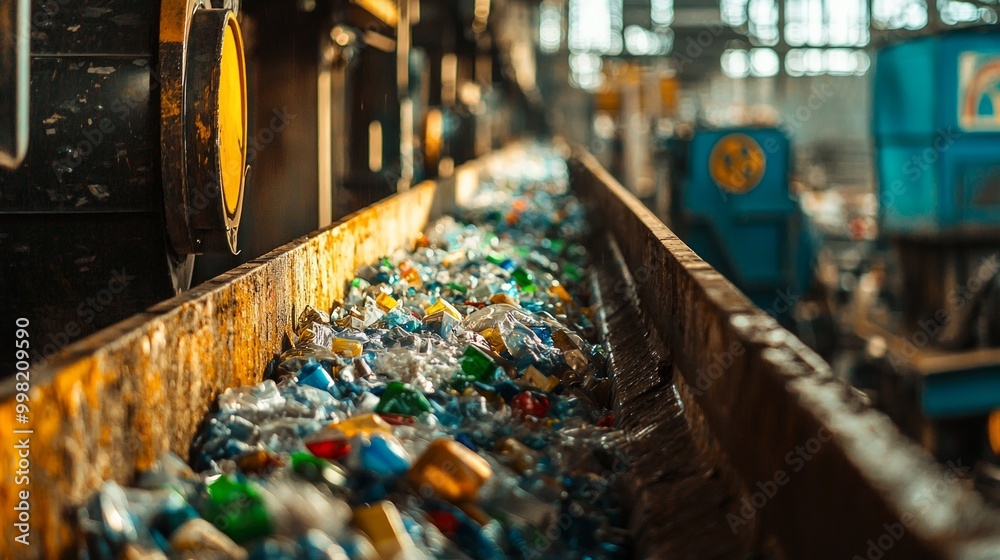A conveyor belt is filled with plastic bottles A conveyor belt is filled with plastic bottles