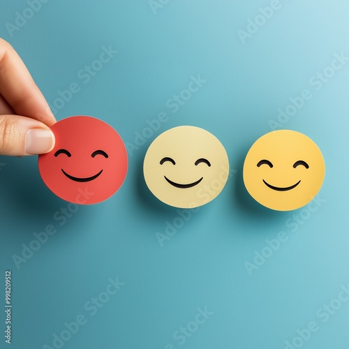 Hand choosing happy smile face paper cut good feedback rating and positive customer review mental health assessment child wellnessworld mental health day think positive compliment day concept.