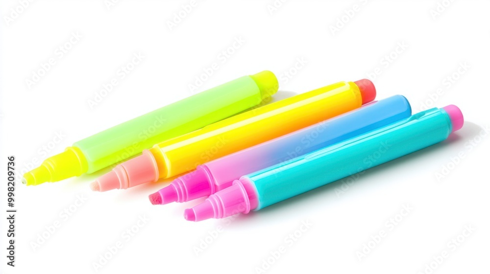 A highlighter set in neon colors, isolated on a white background A highlighter set in neon colors, isolated on a white background