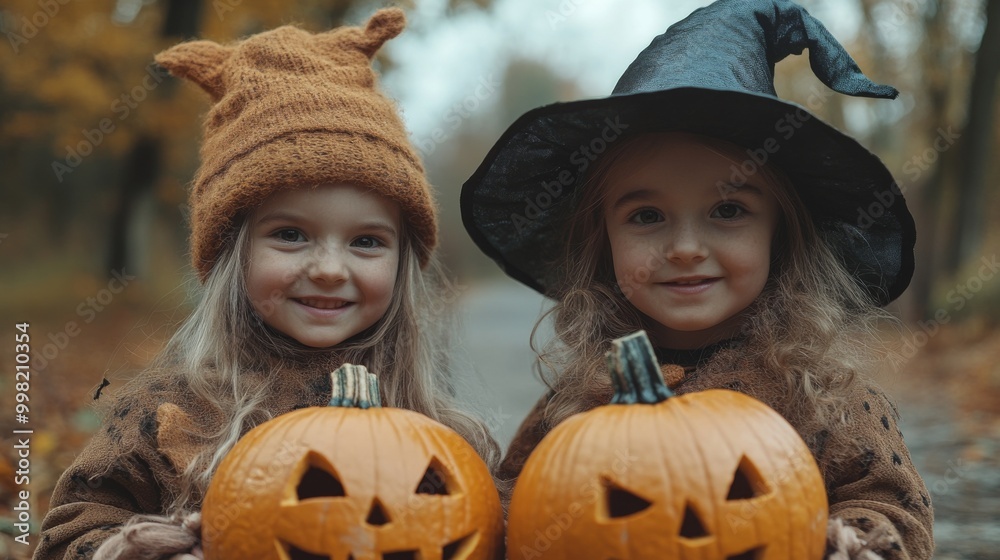 Halloween Celebrations with Witches and Pumpkins in an Autumn Forest Setting Halloween Celebrations with Witches and Pumpkins in an Autumn Forest Setting