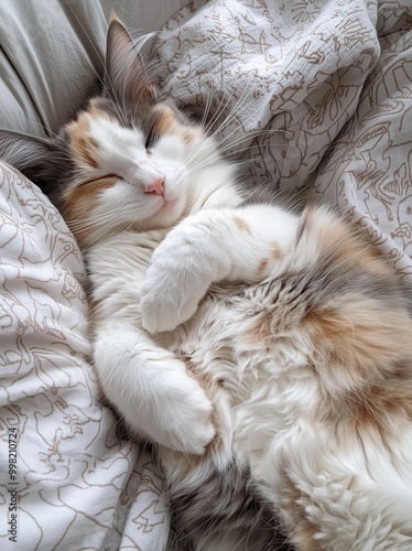 A photo of an adorable fluffy calico cat with white fur and gray patchy fur sleeping on a lap in bed posted to Reddit in the winter of 2019 photo