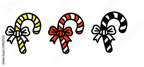 Colorful candy cane with bows in playful design, icon set on a transparent background, colors adjustable