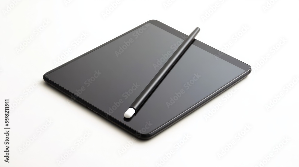 A sleek tablet with a stylus, isolated on a white background A sleek tablet with a stylus, isolated on a white background