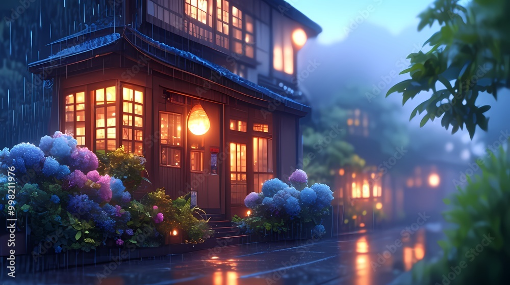 Naklejka premium Anime-style illustration of a ramen shop with a nostalgic, cozy vibe.
