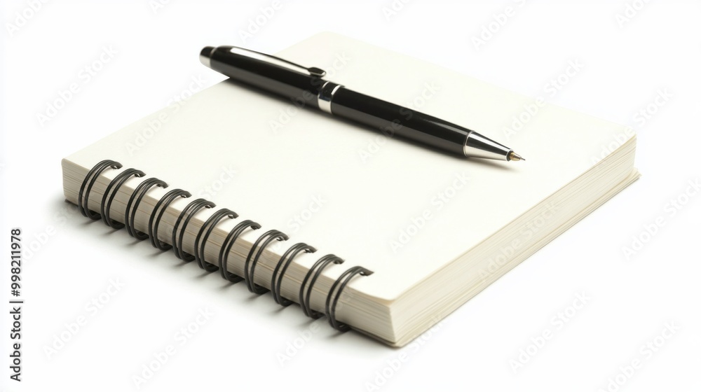 A spiral notebook with a pen resting on top, isolated on a white background A spiral notebook with a pen resting on top, isolated on a white background