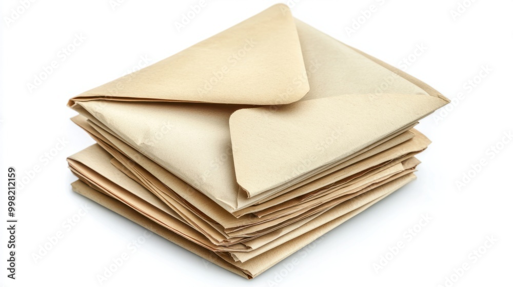 A stack of envelopes with one opened, isolated on a white background A stack of envelopes with one opened, isolated on a white background