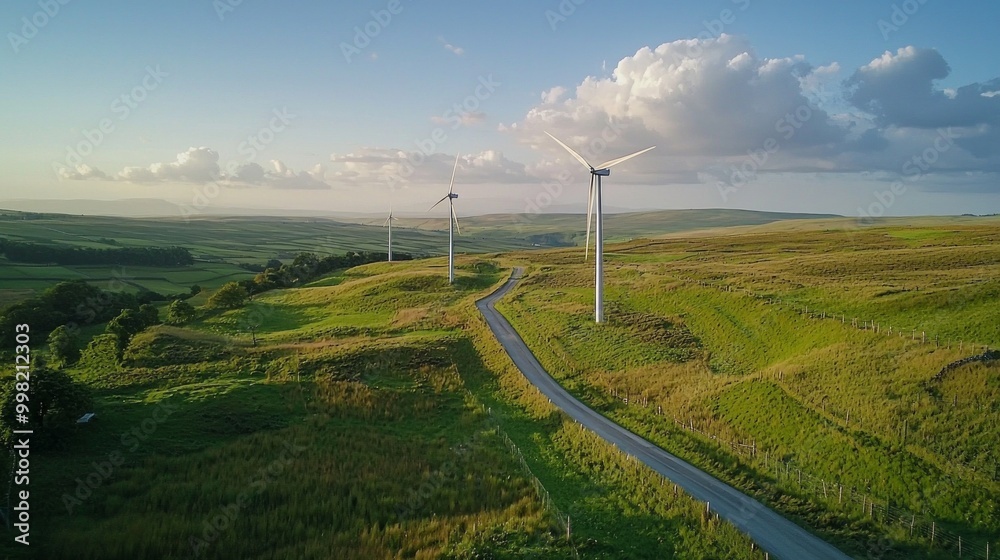 A road with two wind turbines in the background A road with two wind turbines in the background