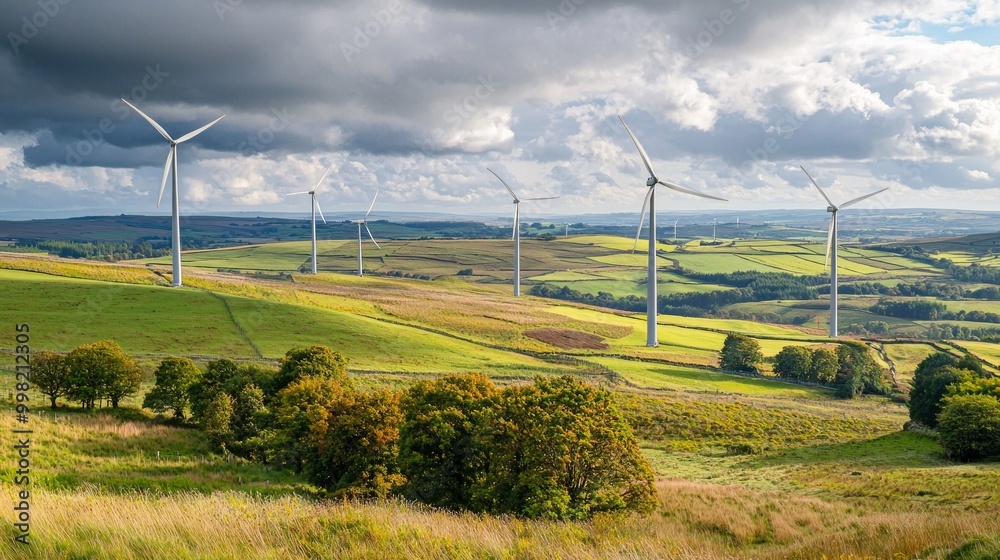 A field of wind turbines is visible in the distance, with a cloudy sky overhead A field of wind turbines is visible in the distance, with a cloudy sky overhead