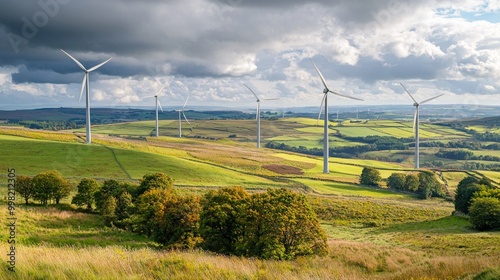 A field of wind turbines is visible in the distance, with a cloudy sky overhead