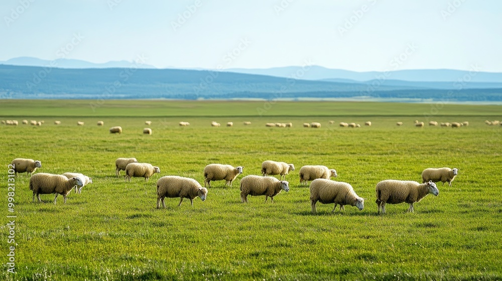 A flock of sheep grazing in a wide, open field, basking in the sunshine on a beautiful clear day, with green grass stretching into the horizon. A flock of sheep grazing in a wide, open field, basking in the sunshine on a beautiful clear day, with green grass stretching into the horizon.