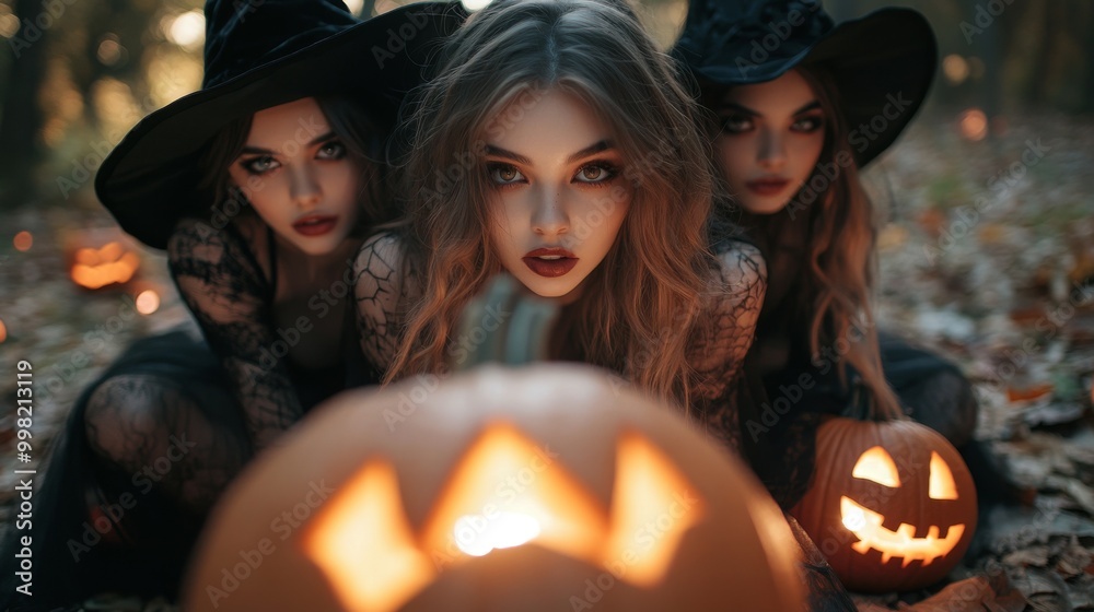 Halloween Celebrations with Witches and Pumpkins in an Autumn Forest Setting Halloween Celebrations with Witches and Pumpkins in an Autumn Forest Setting