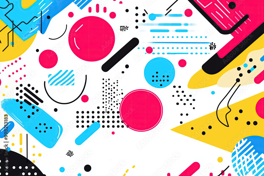 Dynamic abstract design with circles and lines
An abstract design featuring colorful circles and dynamic lines in red, blue, yellow, and black, creating a modern, energetic visual with a playful twist Dynamic abstract design with circles and lines
An abstract design featuring colorful circles and dynamic lines in red, blue, yellow, and black, creating a modern, energetic visual with a playful twist