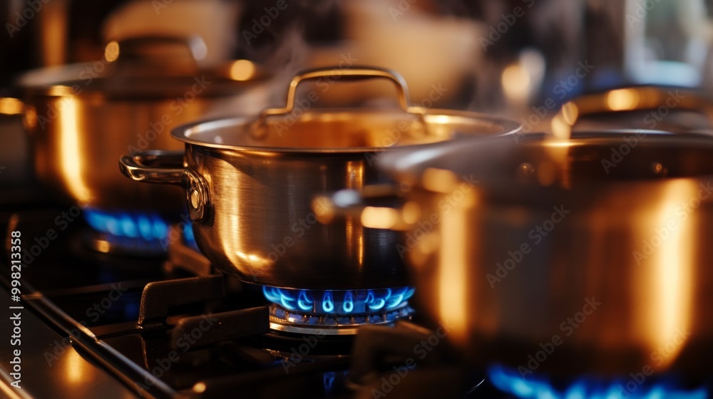 Three pots are on a stove with a blue flame Three pots are on a stove with a blue flame