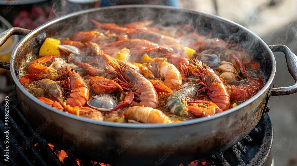 A beautiful outdoor scene of a large pot simmering on a grill, filled with a colorful seafood boil, perfect for family gatherings and summer cookouts. A beautiful outdoor scene of a large pot simmering on a grill, filled with a colorful seafood boil, perfect for family gatherings and summer cookouts.