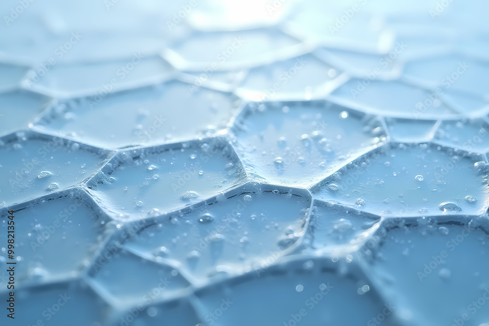 Close-up of water droplets on a hexagonal textured surface in soft light Close-up of water droplets on a hexagonal textured surface in soft light