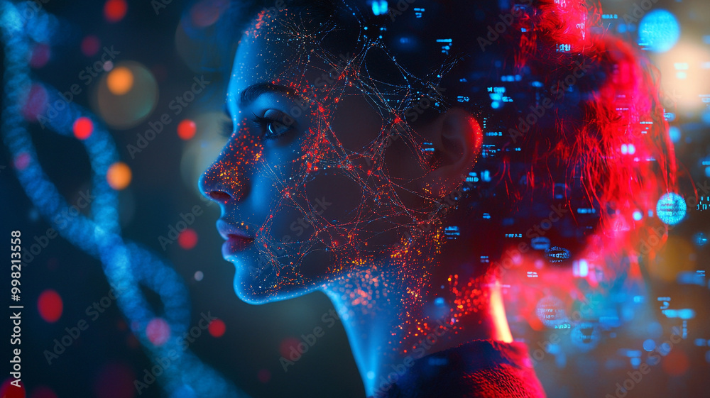 Digital portrait of a woman with a futuristic network displayed against a vibrant background Digital portrait of a woman with a futuristic network displayed against a vibrant background