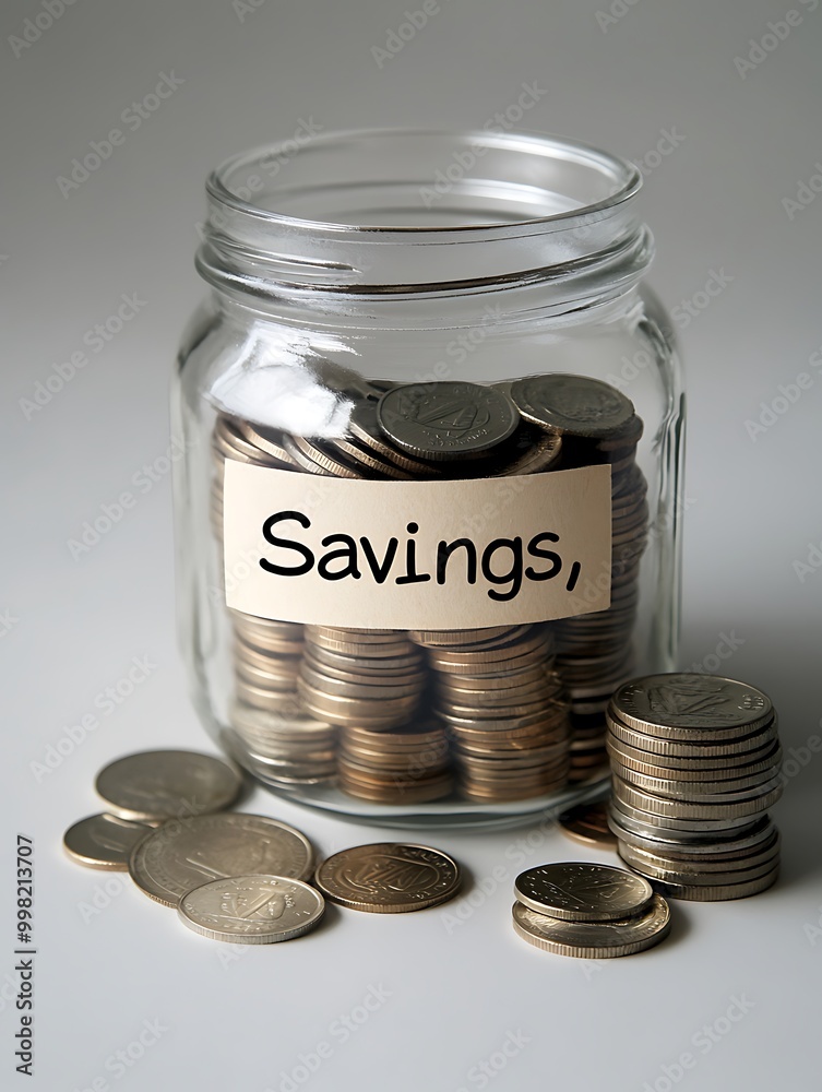 A glass jar filled with coins, labeled A glass jar filled with coins, labeled