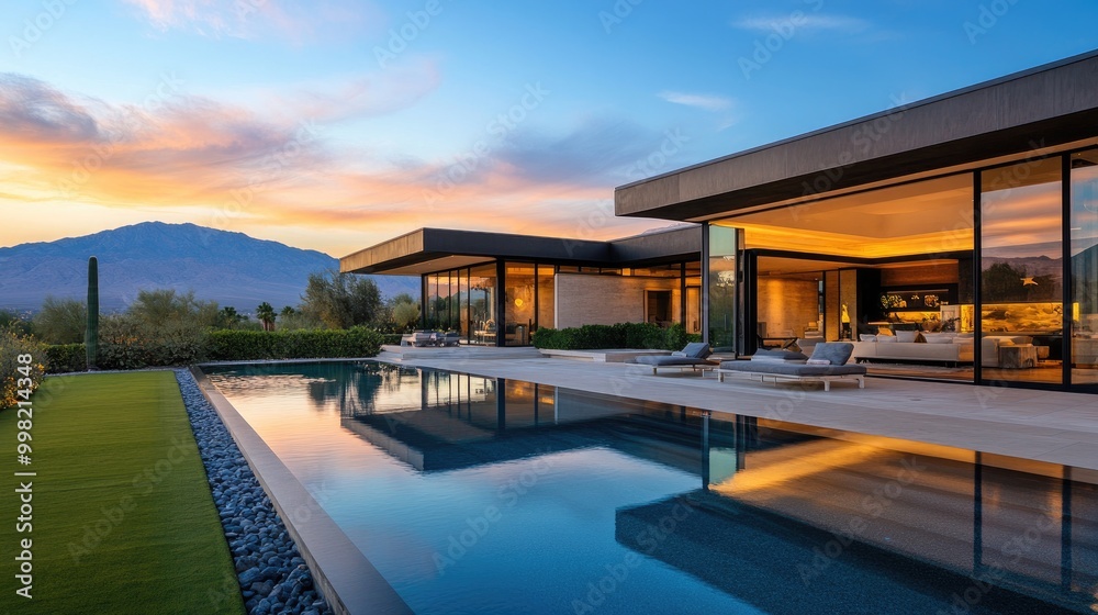 A gorgeous luxury home with floor-to-ceiling glass windows, a picturesque garden, and a contemporary pool, glowing in the warm hues of sunset, with a mountain range backdrop. A gorgeous luxury home with floor-to-ceiling glass windows, a picturesque garden, and a contemporary pool, glowing in the warm hues of sunset, with a mountain range backdrop.