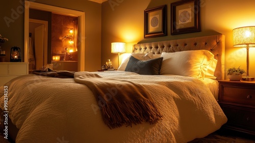 A beautifully designed bedroom featuring a large, plush bed with soft linens, warm lighting, and elegant decor, creating a cozy and inviting atmosphere perfect for relaxation