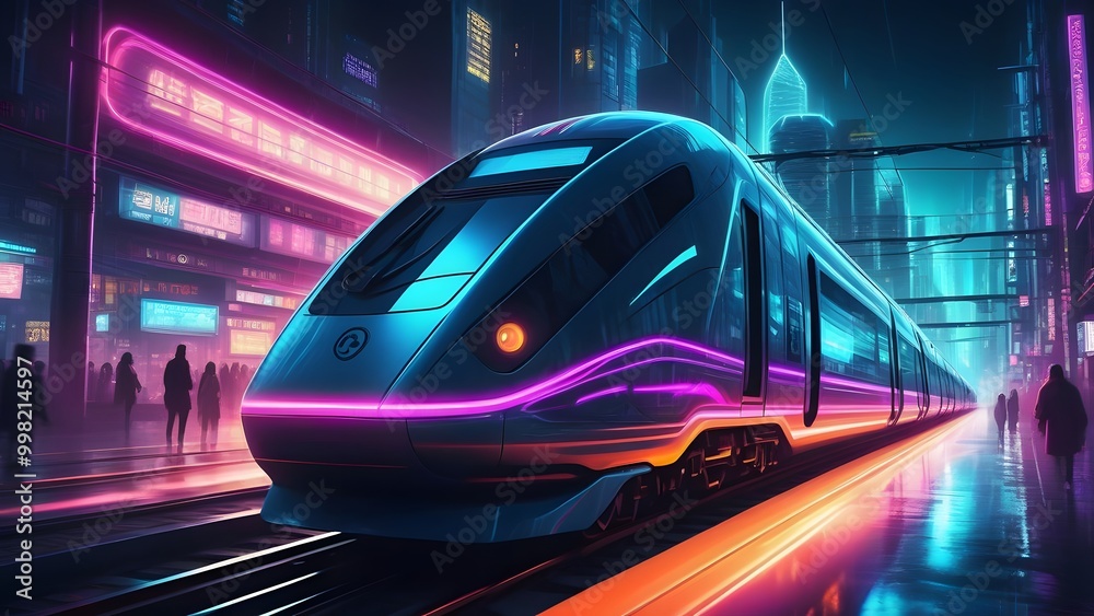 A sleek, modern train at a futuristic station, bathed in neon lights and surrounded by the vibrant energy of a cyberpunk city A sleek, modern train at a futuristic station, bathed in neon lights and surrounded by the vibrant energy of a cyberpunk city