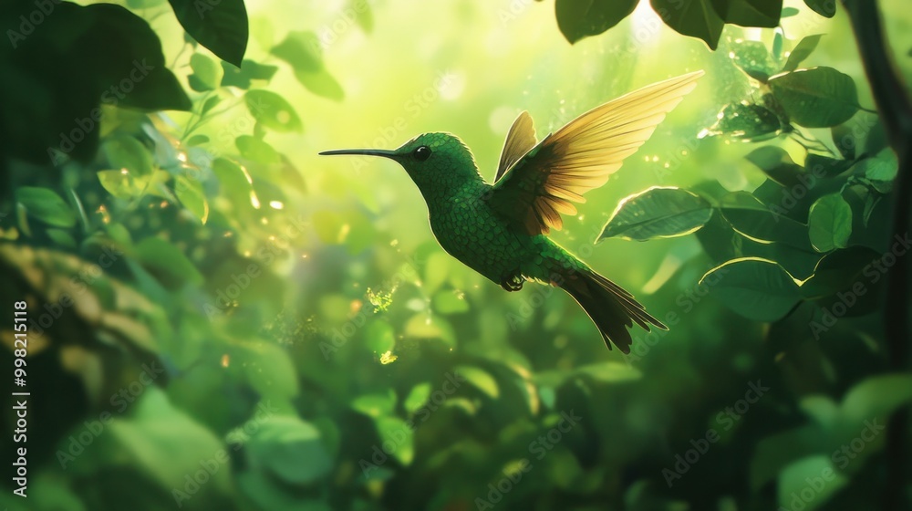 Green Hummingbird in Flight Through Sunlight and Leaves Green Hummingbird in Flight Through Sunlight and Leaves