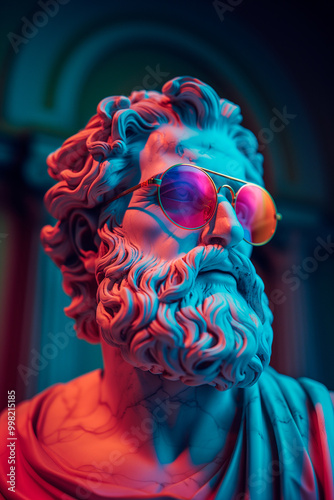 Zeus statue wearing sunglasses in front of a neon background