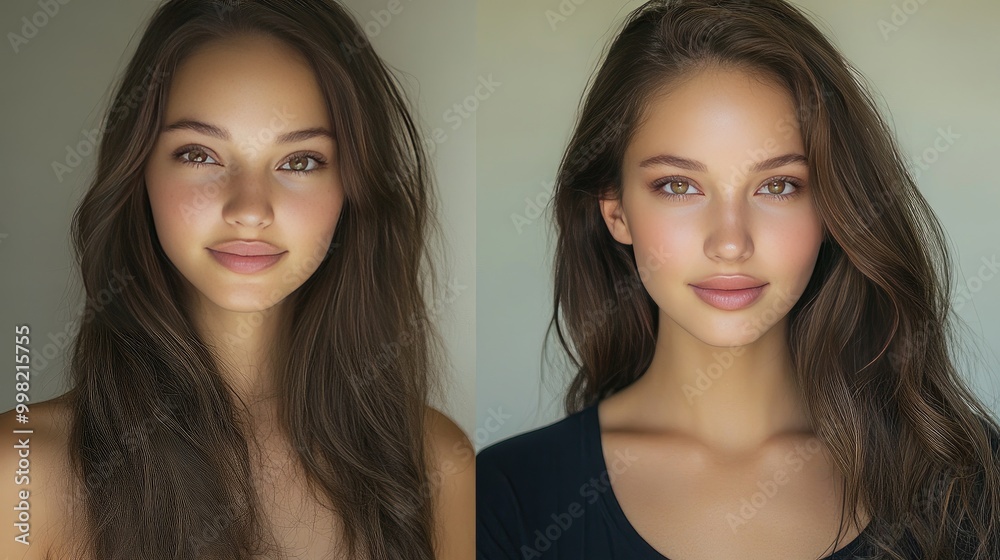 A before-and-after transformation of a woman with and without makeup, emphasizing the artistry and impact of makeup on enhancing natural beauty. A before-and-after transformation of a woman with and without makeup, emphasizing the artistry and impact of makeup on enhancing natural beauty.