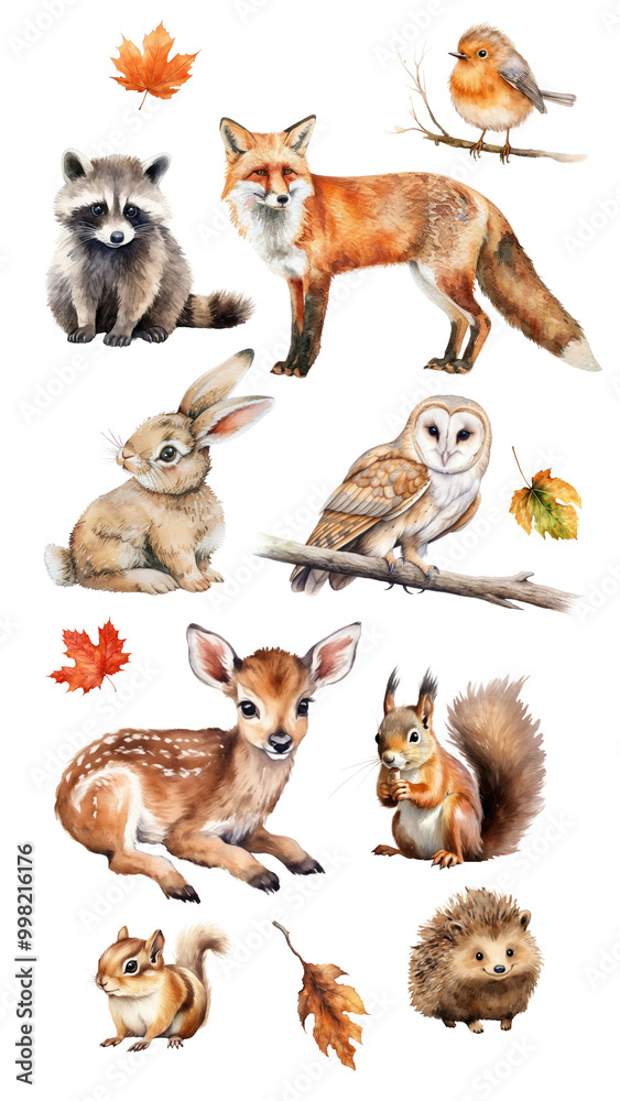 PNG watercolor animals in Autumn element set, transparent background
