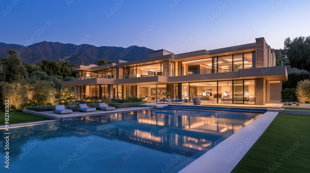 A luxury home with large glass windows, an elegant garden, and a modern swimming pool, illuminated by soft, golden evening light, with mountains in the background. A luxury home with large glass windows, an elegant garden, and a modern swimming pool, illuminated by soft, golden evening light, with mountains in the background.