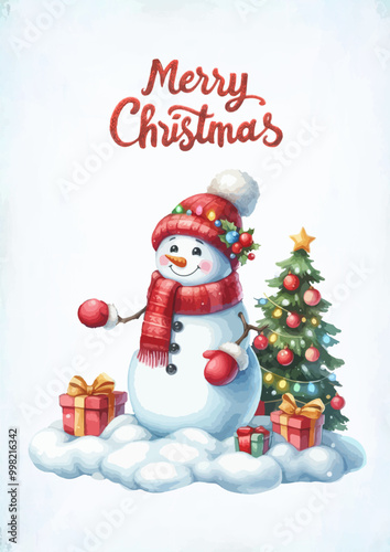 Watercolor snowman with christmas giftbox vector illustration.