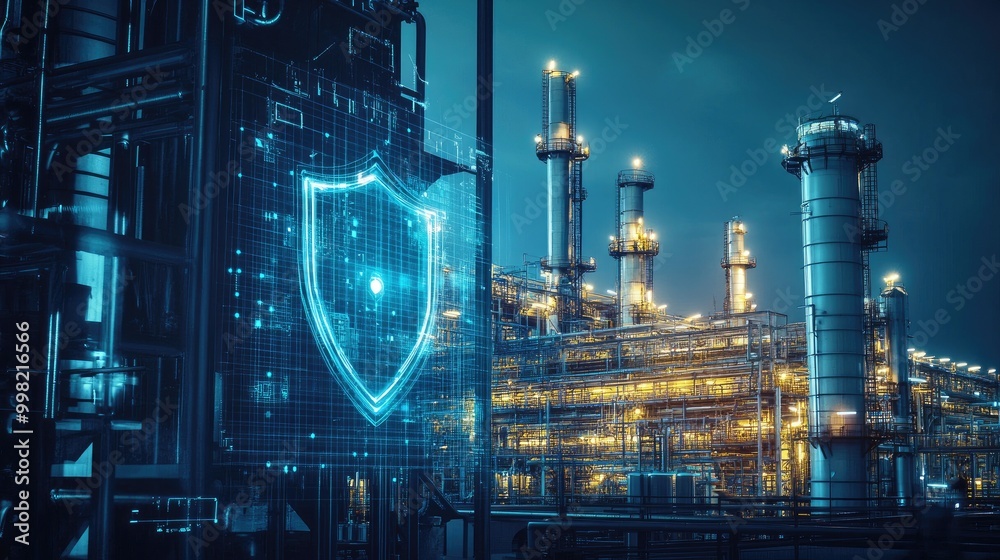 A massive industrial facility with a digital shield overlay, representing the protection of critical infrastructure and energy security. A massive industrial facility with a digital shield overlay, representing the protection of critical infrastructure and energy security.