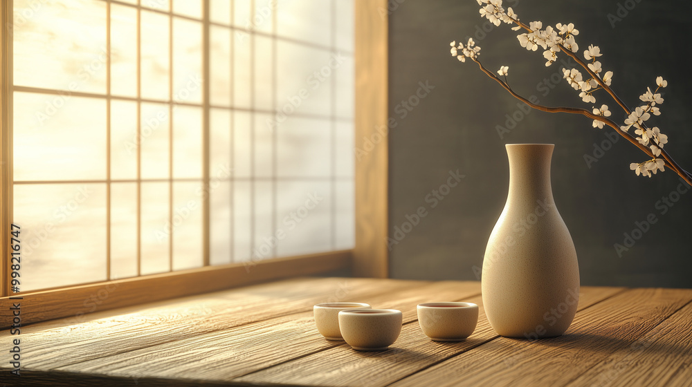 A traditional setting with a ceramic sake bottle and small cups on a wooden table, soft natural light from a shoji window, serene and authentic atmosphere, celebrating Sake Day A traditional setting with a ceramic sake bottle and small cups on a wooden table, soft natural light from a shoji window, serene and authentic atmosphere, celebrating Sake Day