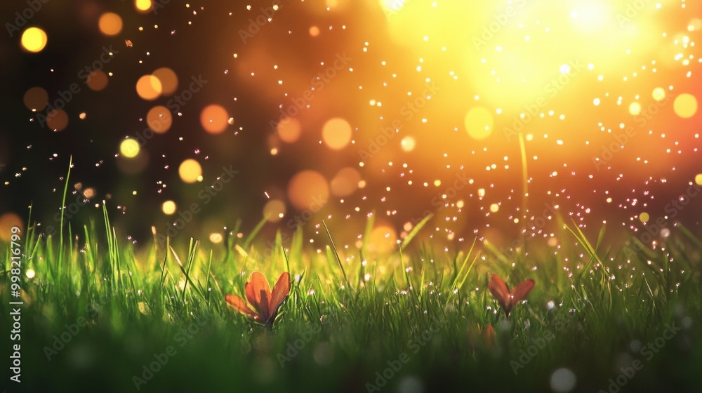 A field of grass with two red flowers in the foreground A field of grass with two red flowers in the foreground