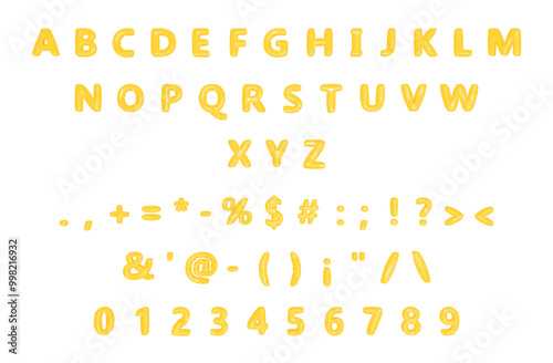 Set of 3d yellow balloon letters,  yellow plastic font collection. 