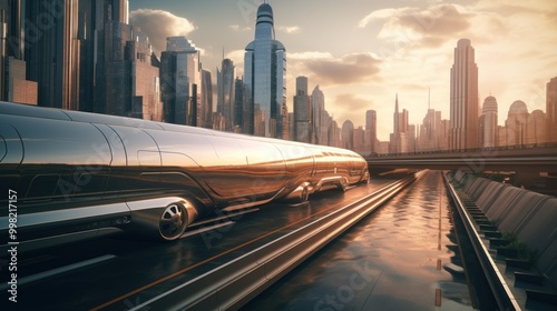 Futuristic Cityscape with a High-Speed Train