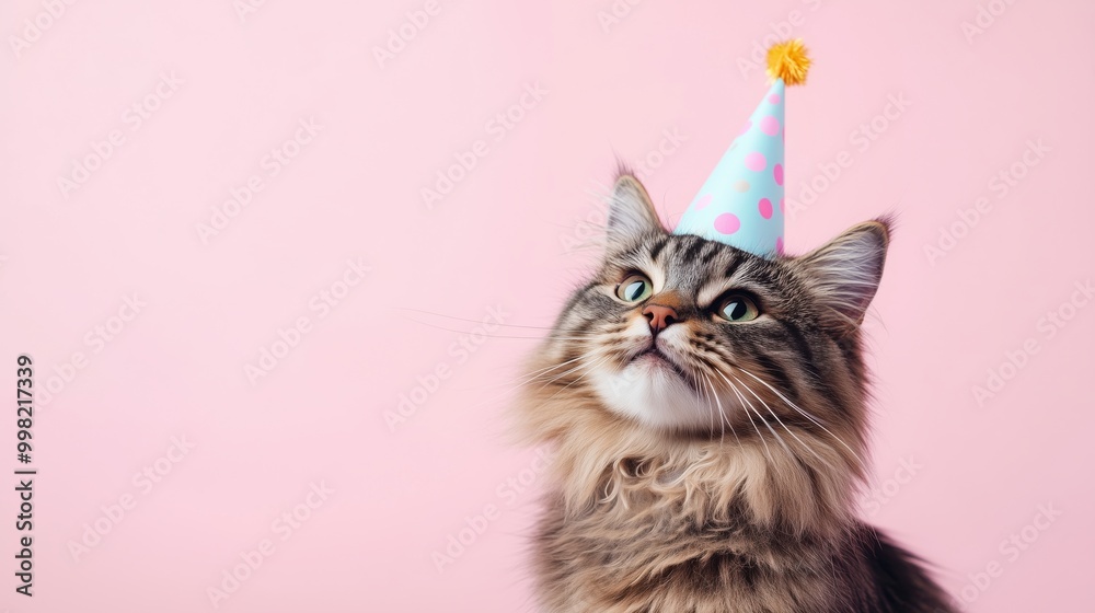 Adorable cat in party hat celebrating birthday on pink background Adorable cat in party hat celebrating birthday on pink background