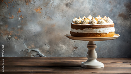 Cream cake on a stand against a grey concrete wall photo