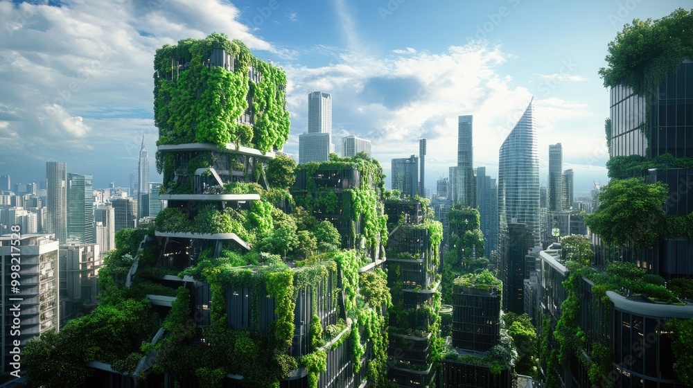 Obraz premium A modern cityscape with futuristic buildings covered in green plants, showcasing the integration of technology and eco-friendly architecture.