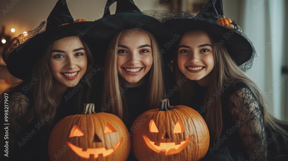 Fototapeta premium Halloween Celebrations with Witches and Pumpkins in an Autumn Forest Setting