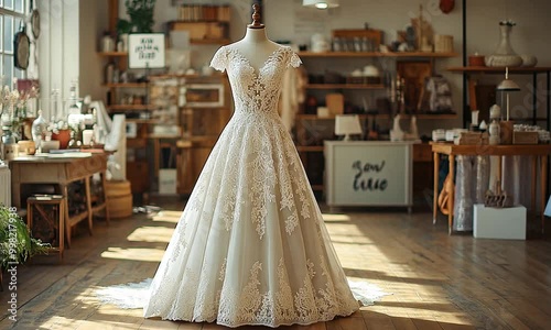 Elegant wedding dress displayed in a stylish boutique setting. photo