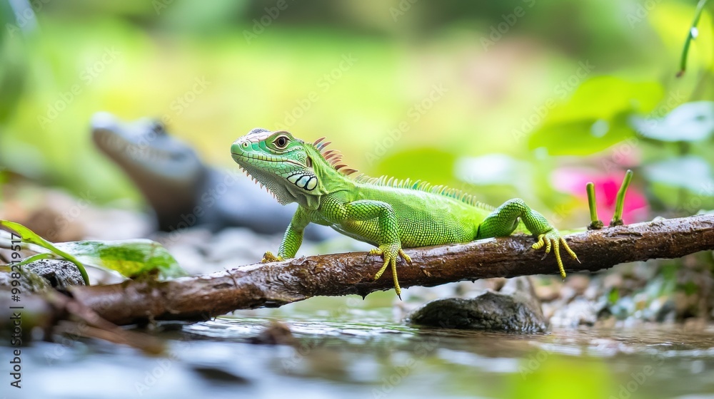 Green Iguana on Branch by Tranquil Water Stream Green Iguana on Branch by Tranquil Water Stream