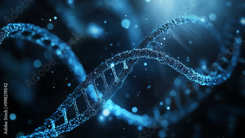 A blue-glowing DNA double helix on a dark background in a scientific setting