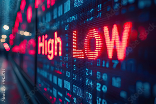 A stock market chart with red and blue lights on the background, text 