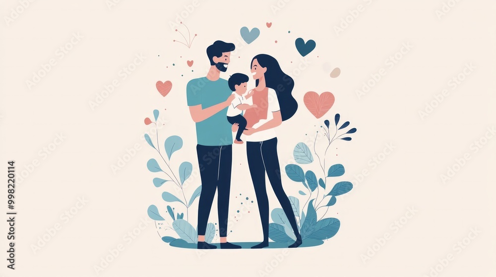A man and woman holding a baby in a garden with hearts in the background A man and woman holding a baby in a garden with hearts in the background