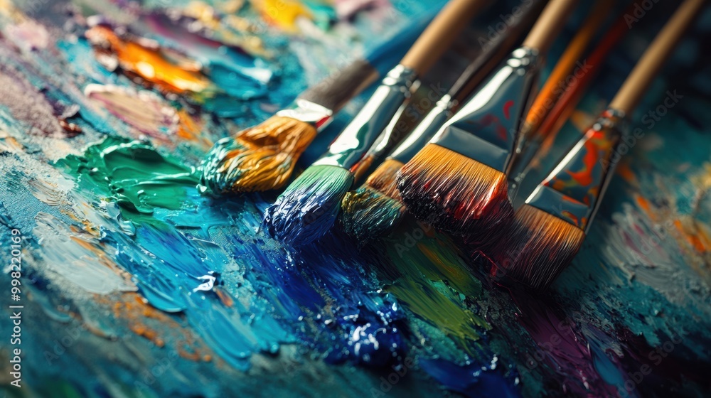 Obraz premium Bright splashes of color adorn the artist’s palette, while paintbrushes lie on the canvas, capturing the essence of creativity. Generative AI